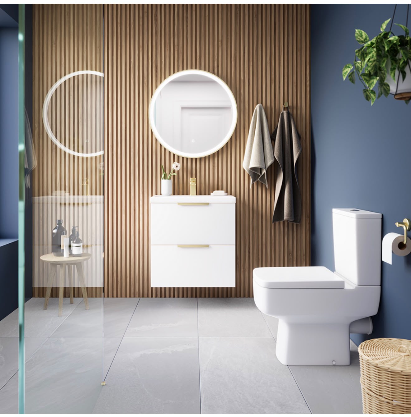 Contemporary bathroom with timber slat wall and gold fittings
