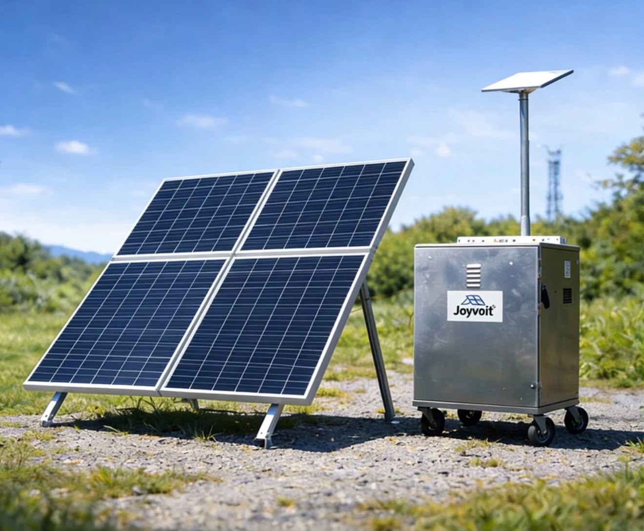 Four-panel solar array with mobile power cabinet